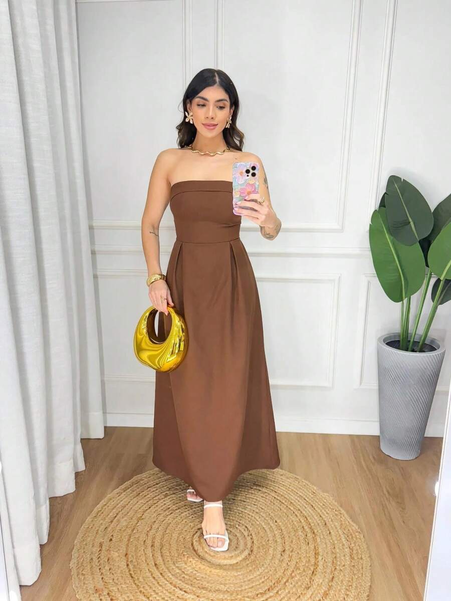Women's Long Strapless Dress With Back Tie In Elegant Premium Tailoring - Rỉ Nâu - Xem 1