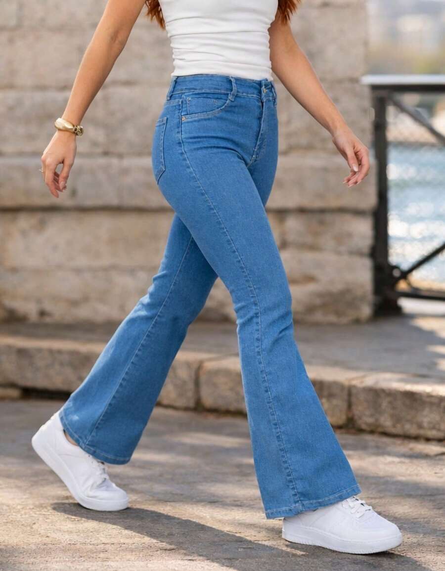 Calça Jeans Feminina Petit Flare  Cintura Alta Biotipo Original Boca de Sino Elastano Lycra Confortável Elástica Fler