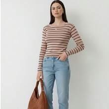 Long-Sleeved Striped Modal Knit Blouse For Cold Winter Weather. - BEIGE WITH BLACK - View 2