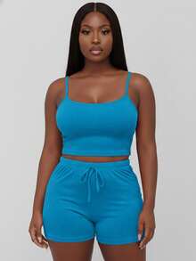 Curvy Rib Knit Camisole Crop Top And Shorts Two Piece Set Elegant Party Boho Style Plus Size Outfit - Ibiza Blue - View 1