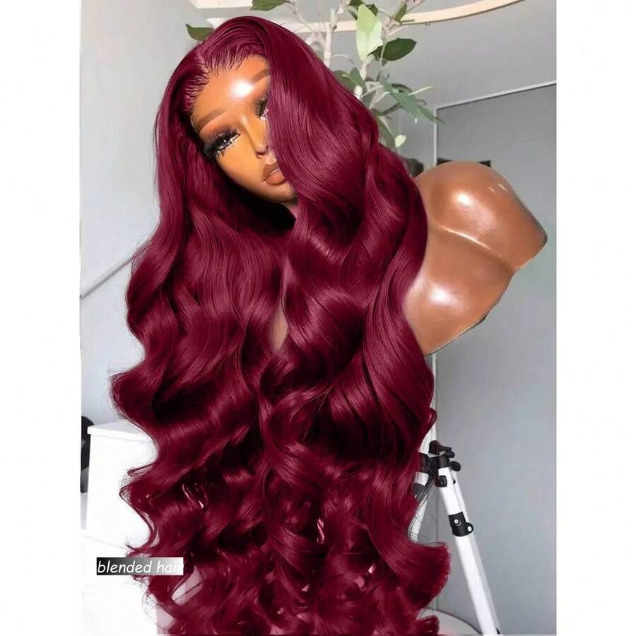 Body Wave 360 Lace Front Wigs Human Blended Hair Pre Plucked Drawstring Hidden Straps Body Wave 13x4 Lace Front Wigs With Drawstring 180Density Full Lace Wigs 99J Burgundy - S99J/BUG - View 1