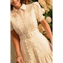 Evangelical Dress, Midi Skirt, 100% Cotton Lace, Buttons, Belt - Màu be - Xem 2