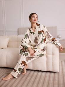 两件套女士睡衣套装，豹纹印花，时尚舒适的家居服 - 黃色 - 查看 4