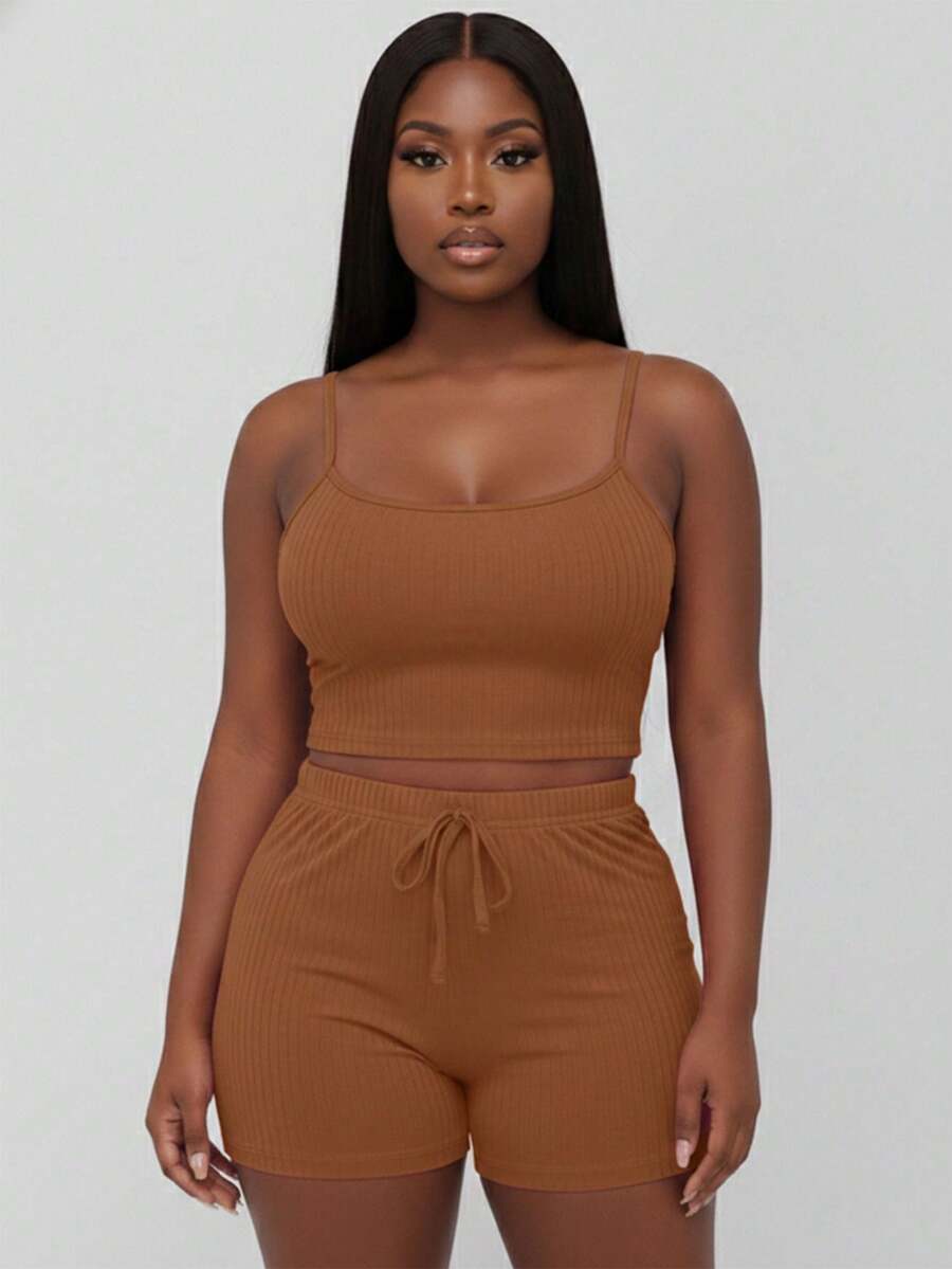 Curvy Rib Knit Camisole Crop Top And Shorts Two Piece Set Elegant Party Boho Style Plus Size Outfit - Downtown Brown - View 1