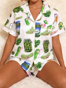 2-Piece Set Of Women's Cucumber, French Fries, Bow Print Home Clothes Casual Set, Lapel Top With Buckle And Elastic Shorts Matching Pajamas Set, Knitted Fabric Comfortable And Soft, Machine Washable And Suitable For Outdoor Wear, Suitable For Sleepwear Parties, Daily Home, Family Clothing And Christmas Gifts - 白色 - 查看 5