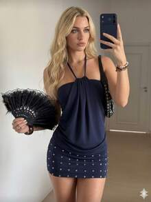 Women's Dress With Pearls, Elegant Party Dress, Knot Detail, Backless/Bare Back, Ruched Evening Dress. - Navy Blue - View 1