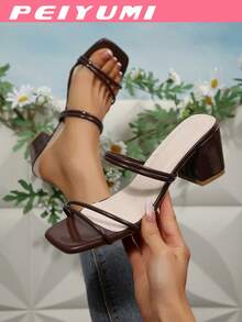 PEIYUMI 女士优雅酒红色高跟凉鞋 - 方头，粗跟，人造革系带，适合所有季节的正式鞋履，细高跟 - 咖啡棕 - 查看 2