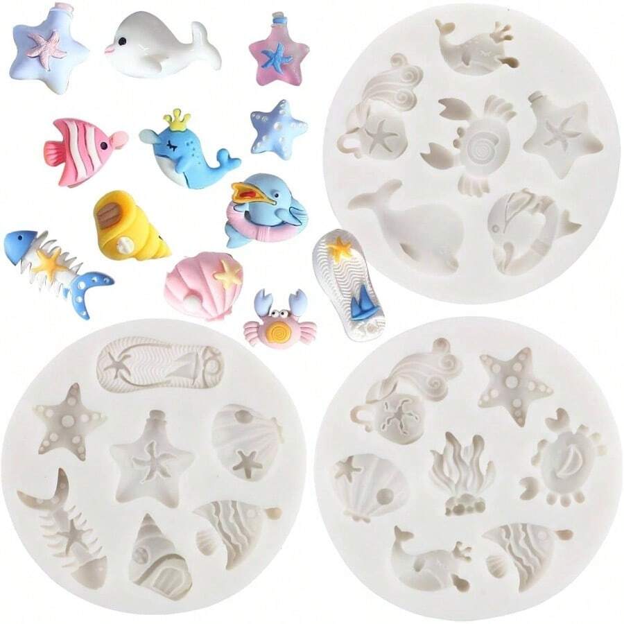Small Sea Life Beach Ocean Theme Silicone Fondant Molds Cake Decorating Chocolate Candy Gum Paste Polymer Clay Set Of 3 - Style G - 查看 1