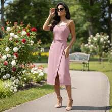 Women's Midi Tailored Dress With Front Slit And Waistband, Thin Straps, Longuette Length. Sizes P, M, G, GG. Formal Dress For Civil Weddings, Graduations, And Women's Events | Ref 2599 - 淺粉色 - 查看 4