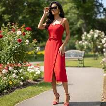 Women's Midi Tailored Dress With Front Slit And Waistband, Thin Straps, Longuette Length. Sizes P, M, G, GG. Formal Dress For Civil Weddings, Graduations, And Women's Events | Ref 2599 - 紅色 - 查看 4