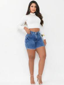 Short Jeans, Mid-Thigh Length, Frayed Hem, With Elastane, High Waist, Casual Jeans, Pocket, Button, Women's Clothing, Country Music Concert. - ĐÁ CẨM THẠCH - Xem 7