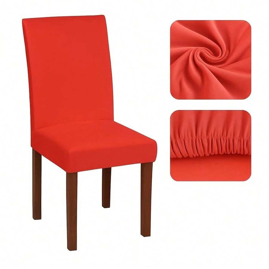 Set Of 4 Chair Covers For Dining Rooms, Plain Knit Fabric With Elastic - Red - View 1