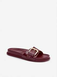 Stylish Women's Slides Rosivana On A Delicate Platform Made Of Synthetic Leather With A Golden Buckle And Comfortable Profiled Insole Black Red Brown Beige - Red - View 4