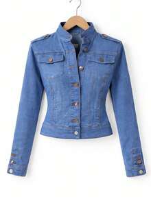 Chaqueta de Mezclilla Slim Fit Estilo Militar con Cuello Alto y Detalles de Charreteras - Denim Lavado Elástico MOD. MOA - Multicolor - Ver 7