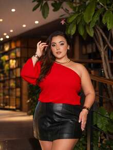 Women's Plus Size Brown One-Sleeve Blouse, Boho Style, Adjustable Elastic Waistband, Godet Sleeves, Cropped Top, Loose Fit, Casual And Elegant. - 紅色 - 查看 5