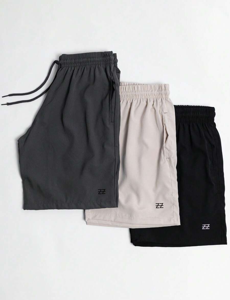 Kit Of 3 Premium Men's Gym Shorts Luzzoo Training Beach Running Shorts, Elasticated Lightweight Fabric - Đen/ Chì/ Be - Xem 1