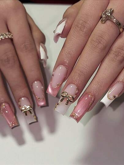 24pcs French Tip Acrylic Press On Nails Long Square Press On Nails Cat Eyes XXL/XXXL Decoration Golden Bows Design Chic Style Surface Glossy Full Cover Fake Nails For Women And Girls Daily Wear