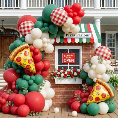 115pcs Pizza Theme Balloon Arch Set, Including Pizza & Plaid Heart Foil Balloons, Red, Green And Beige Latex Balloons. Suitable For Birthday Party, Baby Shower, 1st Birthday, Outdoor Party, Opening Ceremony And Pizza Theme Party Decoration.