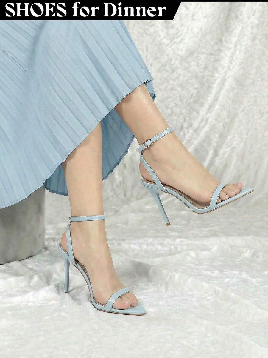 Baby Blue Barely There Strappy Heels For Women Open Toe Ankle Strap Stiletto Sandals Dress Shoes Wedding Bridesmaid Sandals - 藍色 - 查看 1