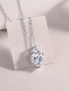 Heart-Shaped Moissanite 925 Sterling Silver Pendant Clavicle Chain, Handmade Fashion Jewelry For Women, Ideal Gift For Wedding & Valentine's Day - Silver - View 5