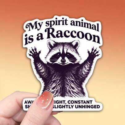 "My Spirit Animal Is A Raccoon" Sticker, Funny Trash Panda Meme Decal, "Slightly Unhinged" Relatable Quote, Waterproof Vinyl For Laptop Water Bottle, Chaotic Night Owl Snacking Humor Gift, DIY Scrapbook Skateboard Phone Case Decoration Stickers Scrapbook Supplies Scrapbooking