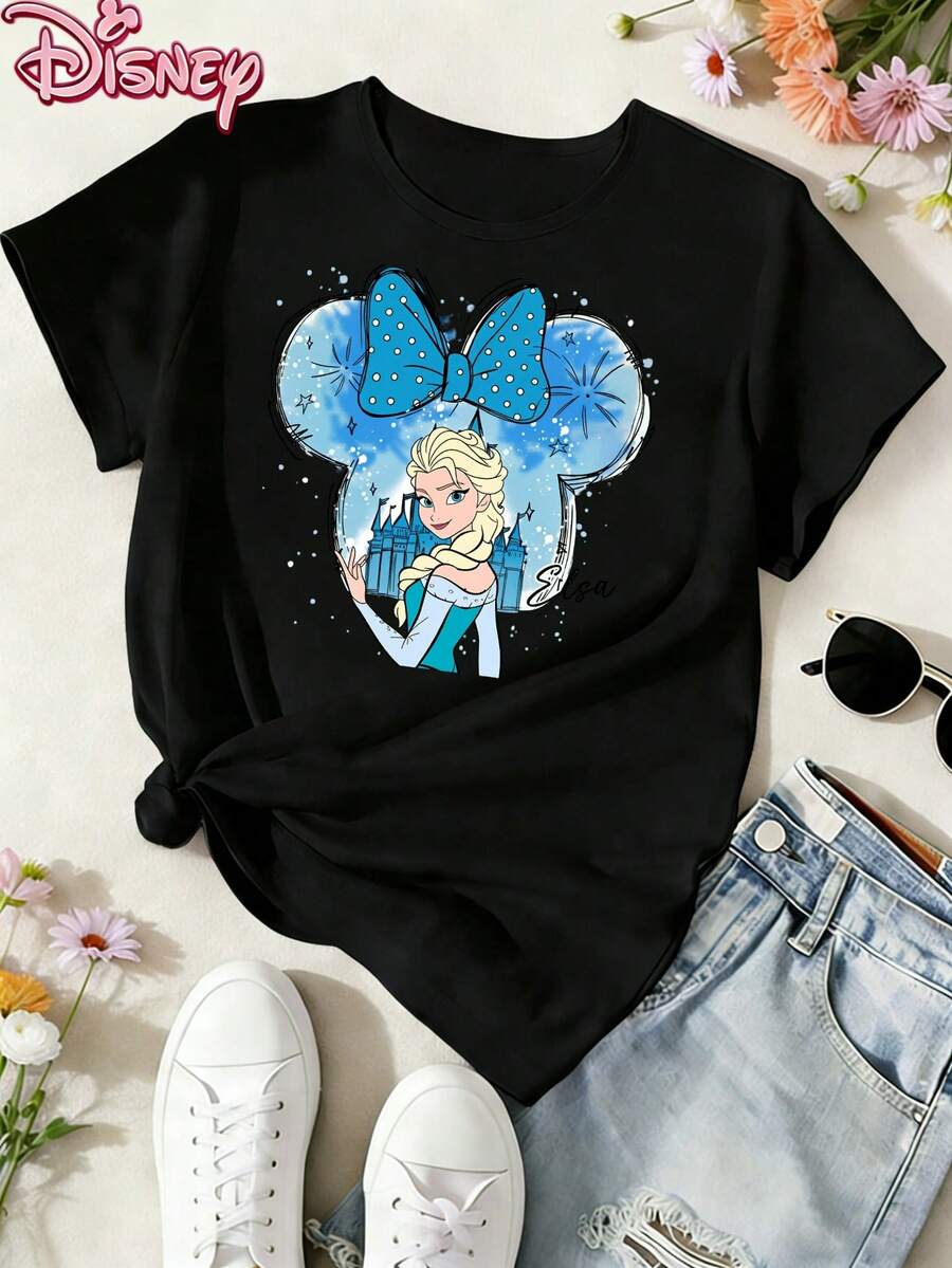 Disney T-Shirt,Disney Ladies T-Shirt Featuring Classic Disney Elsa Princess Patterns, Made Of Soft, Comfortable And Durable Fabric. A Spring/Summer Round-Neck Short-Sleeved T-Shirt, Suitable For Daily Wear, Shopping, Traveling And Party Outfits. Also A Wonderful Gift,Multiple Colors Are Available For Selection. - màu đen - Xem 1