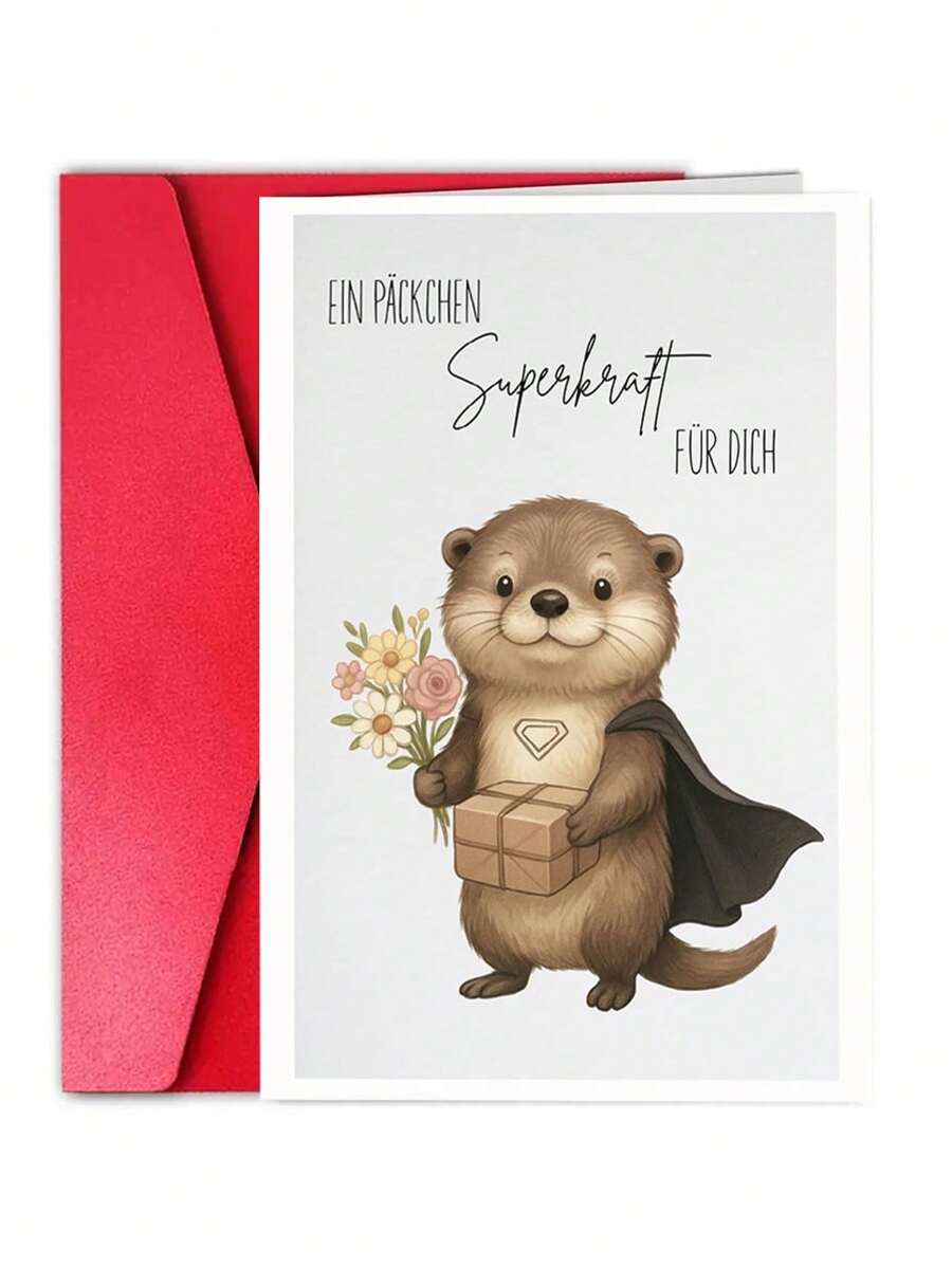 1pc Cute Card "Ein Packet Superkraft Für Dich" With Envelope - Cute Encouragement Card With Superhero Otters & Flowers - View 1