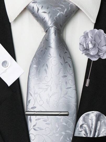 1/2/3/4/5 Pcs Men's Grey & White Leaf Pattern Tie, Pocket Square, Silver Tie Clip, Cufflinks And Lapel Pin Combination Set, Suitable For Workplace, Business, Meetings, Weddings, Graduations And Other Occasions, Great Gift For Men's Birthday, Thanksgiving, Christmas, New Year