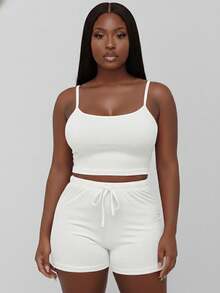 Curvy Rib Knit Camisole Crop Top And Shorts Two Piece Set Elegant Party Boho Style Plus Size Outfit - 白色 - 查看 1