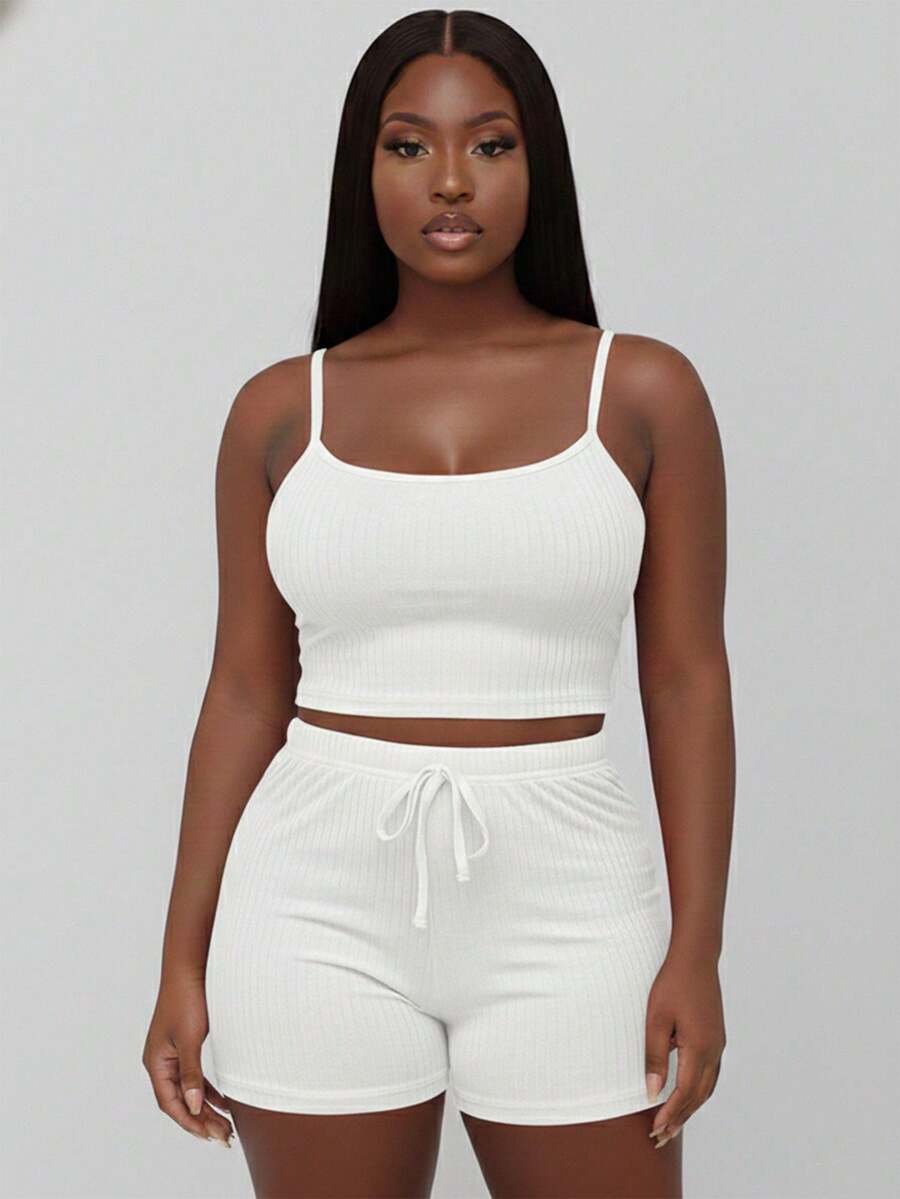 Curvy Rib Knit Camisole Crop Top And Shorts Two Piece Set Elegant Party Boho Style Plus Size Outfit - 白色 - 查看 1