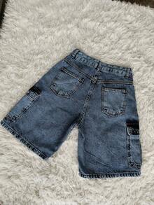 Women's High-Waisted Wide-Leg Cargo Denim Shorts In Graphite. - Azul lavado medio - Ver 4