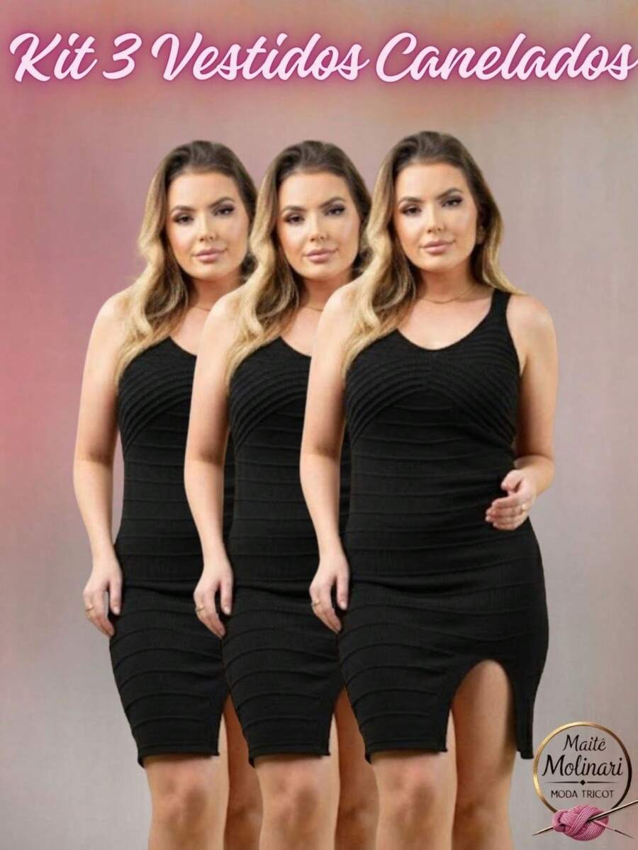 Kit 3 Vestido Feminino Tricot Modal Decote V Trico Canelado Fenda Frontal Alça Larga Verão