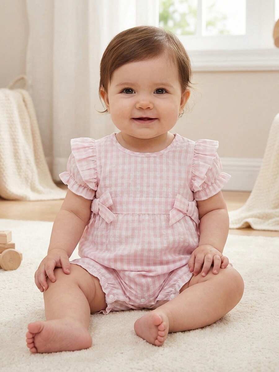 Mono de verano para niña pequeña, manga corta abullonada, cuello redondo, bonito estampado a cuadros, ribete con volantes - Rosa brillante - Ver 1