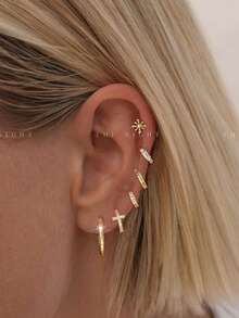 6pcs Set Elegant Cross Zirconia Stud Earrings, Suitable For Party, Holiday, Date Or Wedding - Yellow Gold - View 1