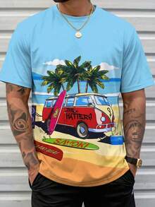 Camiseta de manga corta con estampado de palmeras divertida para hombre, estilo vacacional - Multicolor - Ver 4