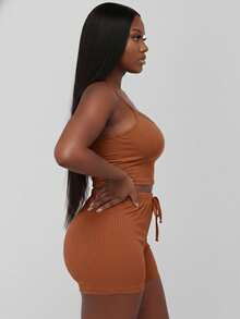 Curvy Rib Knit Camisole Crop Top And Shorts Two Piece Set Elegant Party Boho Style Plus Size Outfit - Downtown Brown - View 2