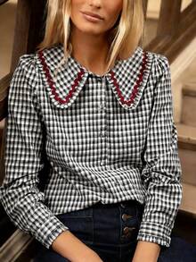Camisa de manga larga con botones, cuello y ribete de contraste a cuadros, para primavera - Cuadros blancos y negros - Ver 8