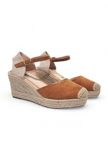 Sandalias alpargatas de cuña altas para mujer con plataforma alta clásica de esparto sandalias de verano confortables de punta redonda estilo bohemio básico - Camel - Ver 4
