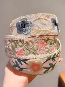 3pcs French Romantic Embroidered Mesh Headbands, Lace Trim Wide Hair Hoops, Soft & Versatile Hair Accessories - Multicolor - View 7
