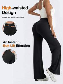 1 pieza Pantalones de pierna recta y ancha para mujer, leggings de yoga de cintura alta adelgazantes, adecuados para primavera, verano y otoño - Negro - Ver 6