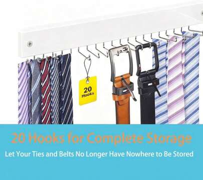 CXYNDFA Wall-Mounted Belt And Tie Hanger, Wood Space-Saving Belt Rack With 20 Rotating Hooks - Multi-Functional Closet Organizer For Ties, Belts, Scarves &Amp; Accessories
