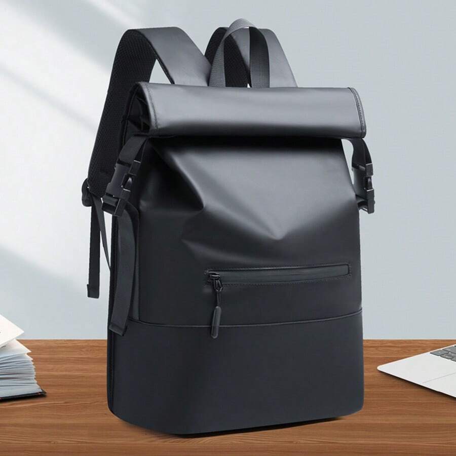 新款黑色防水翻蓋男士後背包，商務出差通勤辦公筆電包，中學生適用 - 黑色 - 查看 1