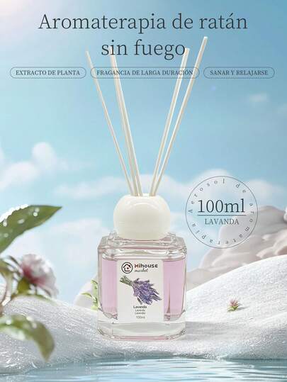 Frasco Aromático de Lavanda 100ml de 6x6x10cm (2.36x2.36x3.94") con Varillas Difusoras y Tapa Esférica Blanca - Diseño de Vidrio Transparente para Decoración y Regalos