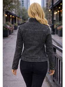 Chaqueta de Mezclilla Slim Fit Estilo Militar con Cuello Alto y Detalles de Charreteras - Denim Lavado Elástico MOD. MOA - Gris - Ver 5