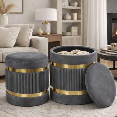 Bakaji Set 2 Pouf Contenitori Tortora, Poggiapiedi Forma Rotonda Capiente, Design Moderno con Fascia in Metallo, Sgabello Tondo Coperchio Rimovibile e Seduta Imbottita, Arredamento Interno