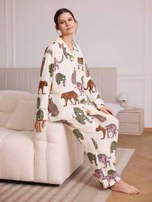 两件套女士睡衣套装，豹纹印花，时尚舒适的家居服 - 黃色 - 查看 3