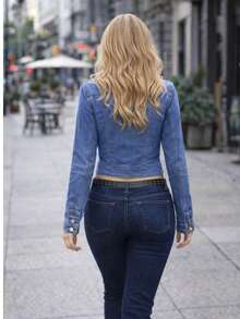 Chaqueta de Mezclilla Slim Fit Estilo Militar con Cuello Alto y Detalles de Charreteras - Denim Lavado Elástico MOD. MOA - Multicolor - Ver 6