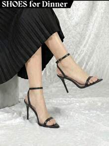 Black Barely There Strappy Heels For Women Open Toe Ankle Strap Stiletto Sandals Dress Shoes Wedding Bridesmaid Sandals - 黑浦 - 查看 1
