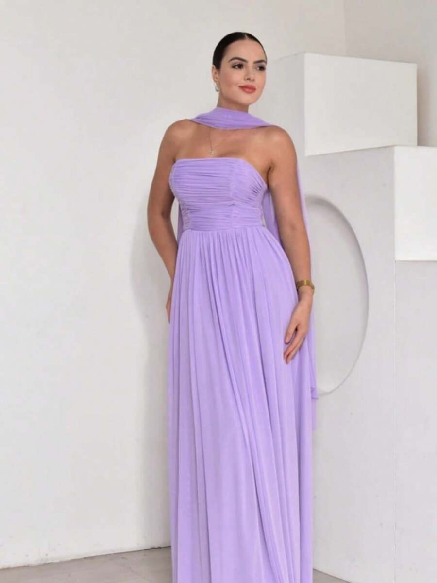 Long Dress With Cape For Wedding, Evening, Or Graduation. - Lilac Purple - View 1