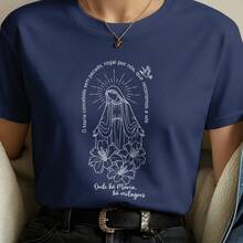 Camiseta 100% Algodão Nossa Senhora Aparecida Camisa Estampa Religiosa Católica Maria - Azul Marinho - Visão 1